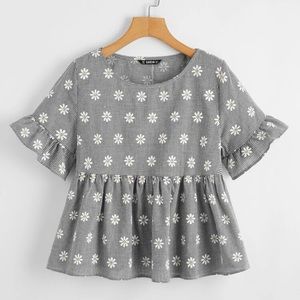 Daisy Embroidered Ruffle Cuff and Hem Buffalo Plaid Top